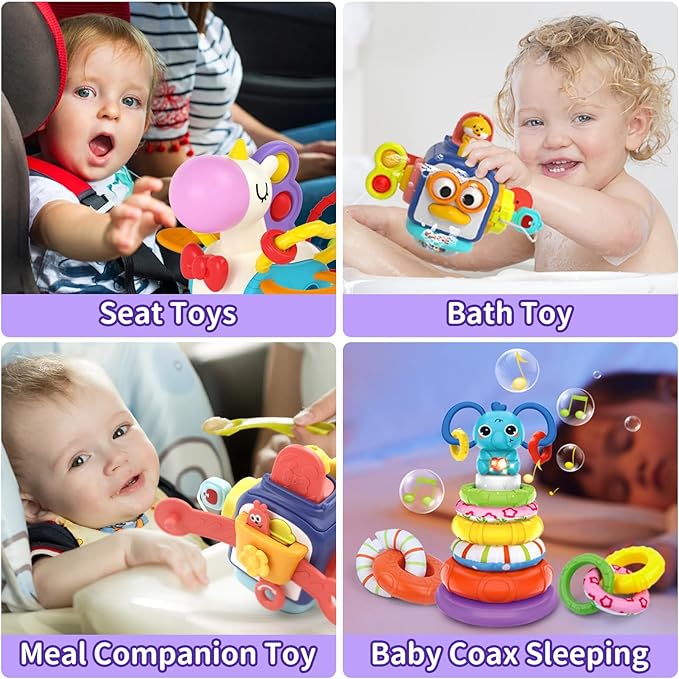 Baby Toys for 1+ Year Old, Busy Board Sensory Toys for Toddlers 1-3, Baby Toy for 12-18 Months, Pull String Teether, Stacking Blocks, 3 in 1 Travel Toy Gifts for 1 2 3 Year Old Boy Girl