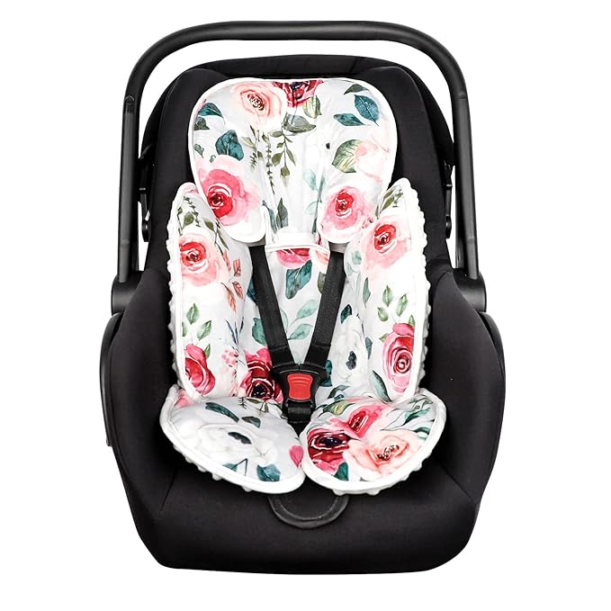 2 in 1 Infant Car Seat Insert, Car Seat Head Support Baby Girls Boys, Soft Newborn Carseat Insert Cushion, Perfect for Carseats, Strollers, Swings (Rose Flower)