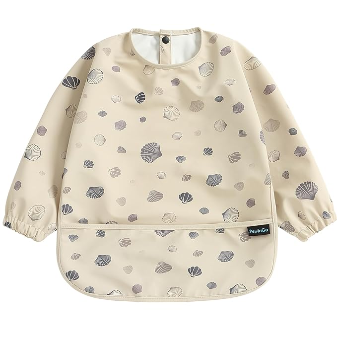 Baby Bib with Long Sleeves Bib & BLW, Machine Washable & Soft and Skin-Friendly Material, Coverall Bibs for Baby Feeding, Waterproof and Easy to Clean, for Baby Infant Toddlers (Beige)