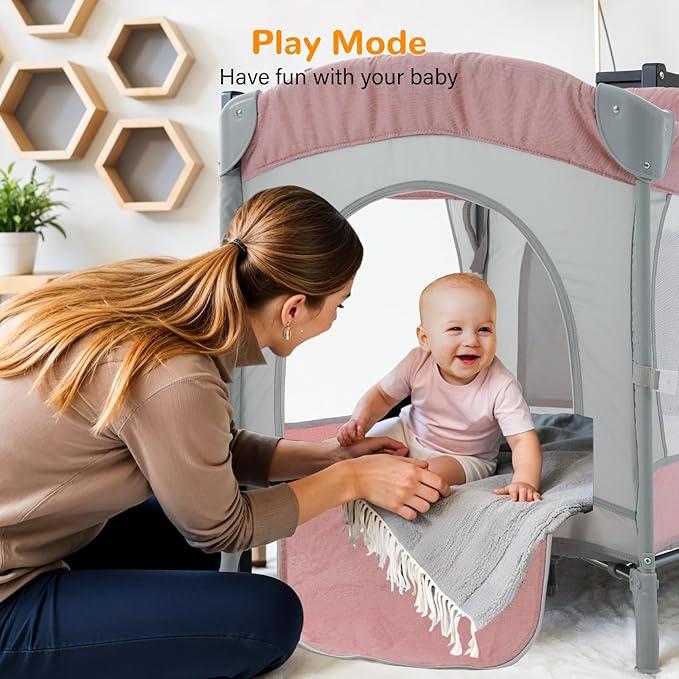 5 in 1 Baby Crib,Bedside Sleeper,Bassinet,Pack and Play with Bassinet and Changing Table,Portable Travel Playpen Music Box,Portable Travel Crib for Infant Newborn (Pink Gray)