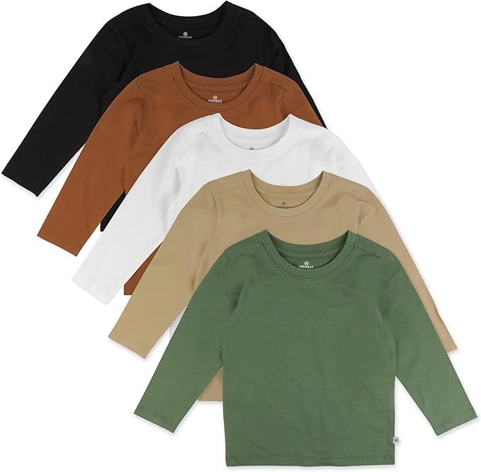 HonestBaby 5-Pack Long Sleeve T Shirts 100% Organic Cotton for Toddler, Little Kids Boys, Girls