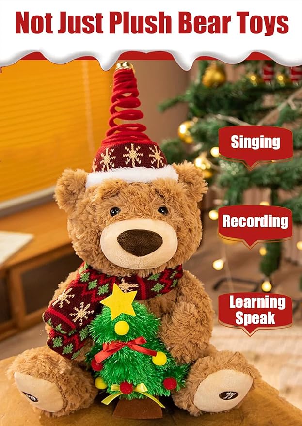 LANGXUN Christmas Teddy Bear Plush Toy with Singing & Voice Recording for Kids Adults Christmas Decorations, Birthday Gifts for Boys and Girls, Premium Plush Toy for Ages 1& Up Baby Toddlers, 15.5”