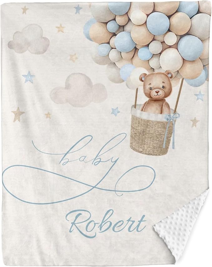 Personalized Baby Blanket for Boys Girls Bear Custom Baby Blankets with Name Dotted Backing Customized Gifts for New Mom Customize Baby Blanket for Kids Newborn Birthday