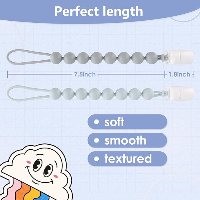 4-Pack Silicone Pacifier Clips for Baby Boys and Girls - with One-Piece Beads, Flexible and Rust-Free Holders for Teething Relief and Baby Essentials - Safe for Newborns (Grey)