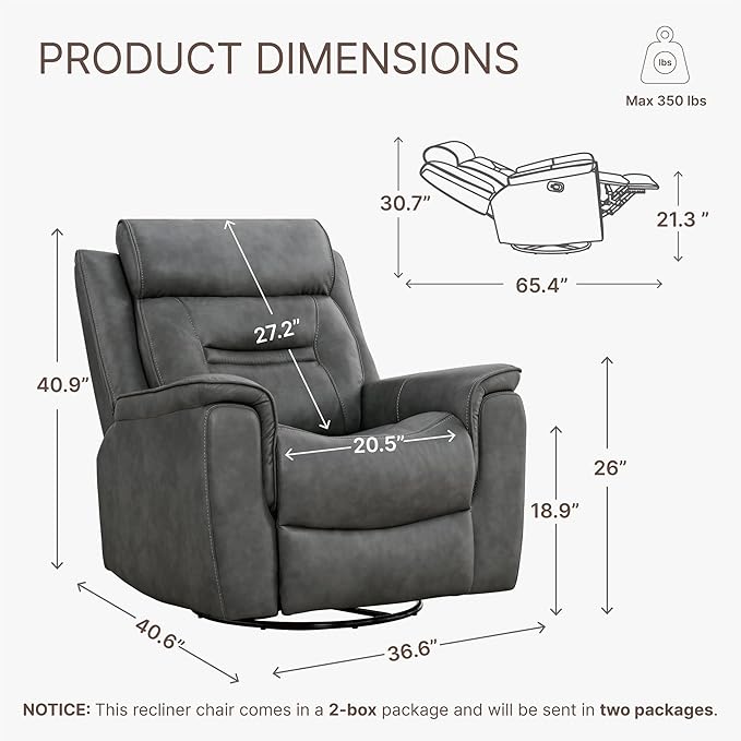 Leather Recliner Chair, 360° Swivel Rocker for Adults Manual Rocking Reclining Chair with Adjustable Backrest Footrest for Living Room Bedroom Home Theater Seating