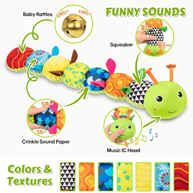 Baby Toys Musical Caterpillar, Infant Stuffed Animal for 0-6 6-12 Months with Crinkle and Rattles, Tummy Time Sensory Toys Newborn Boys Girls Gifts 0 3 6 9 12 Months - Green