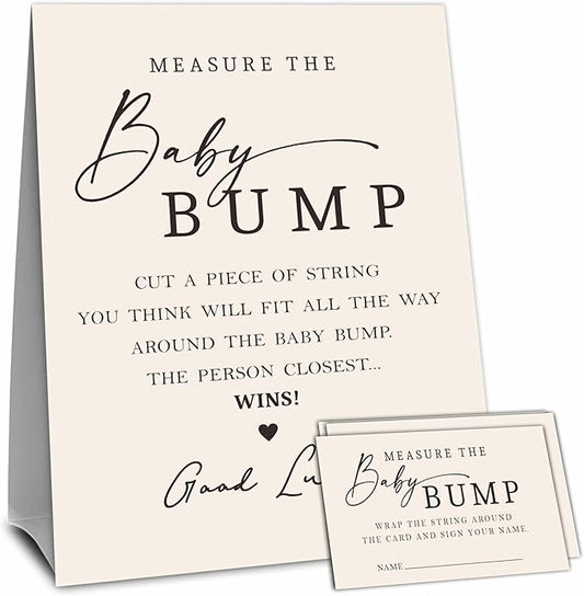 Beige Baby Shower Measure The Baby Bump, Measure Mommy's Belly Game Set - 1 Self-Standing Sign And 50 Tickets - Gender Reveal, Baby Shower, Baby Announcement Activity & Party Favor Supplies - A14