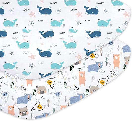 Little Grape Land Toddler Sheets 2 Pack – Baby Crib Sheets Fitted for Boys Girls, Standard Size 28x52‘’ Crib Mattress, Super Soft Breathable Washable Microfiber (Whale/Little Bear)