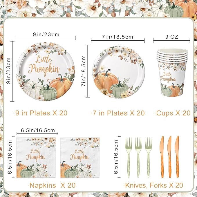 100 Pcs Little Pumpkin Baby Shower Party Decoration – Autumn Pumpkin & Floral Tableware Set with Plates, Napkins, Cups, Cutlery for Thanksgiving & Fall Baby Shower Decorations, Serves 20