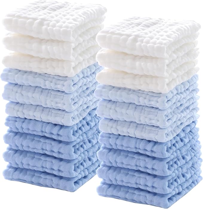 Breling 20 Pcs Baby Muslin Washcloth 12 x 12 Inch 100% Cotton Soft and Absorbent Muslin Washcloth Burp Cloth Wipe Newborn Face Towel for Baby Boy Girl Sensitive Skin(White, Light Blue, Blue)