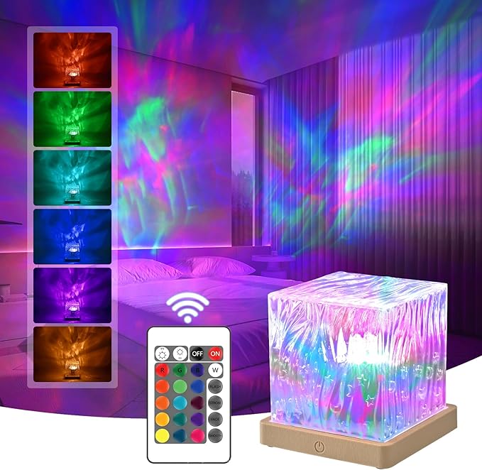 PWWJ Northern Lights Projector: 16 Color Gradual Changing Luminor Cube Lamp, This Crystal lamp Serves as Both Ocean Wave Projector and Galaxy Grojector, Making it Perfect for Bedroom and Party Decor