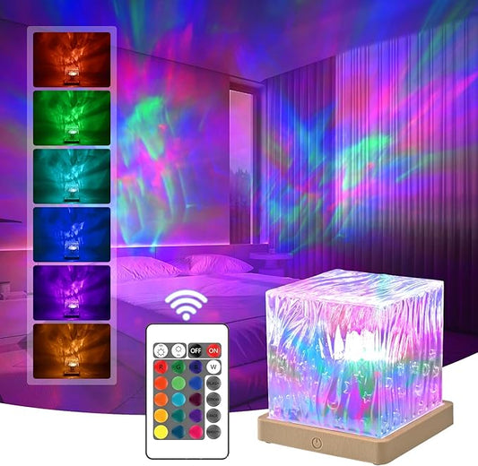 PWWJ Northern Lights Projector: 16 Color Gradual Changing Luminor Cube Lamp, This Crystal lamp Serves as Both Ocean Wave Projector and Galaxy Grojector, Making it Perfect for Bedroom and Party Decor