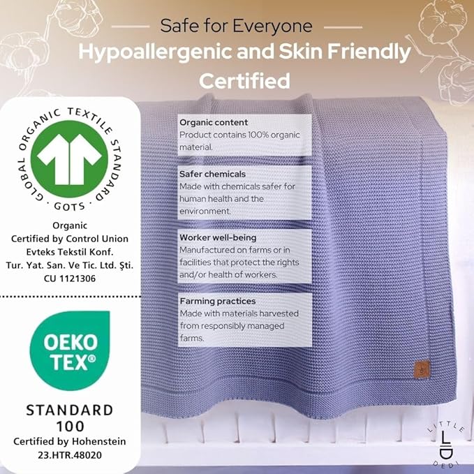 100% Organic Cotton GOTS Certified Baby Knitted Blanket with Gift Box - Soft Toddler, Crib, Stroller Blanket - Neutral Swaddle and Receiving Blanket for Newborns, 30"x40", Grey Blue