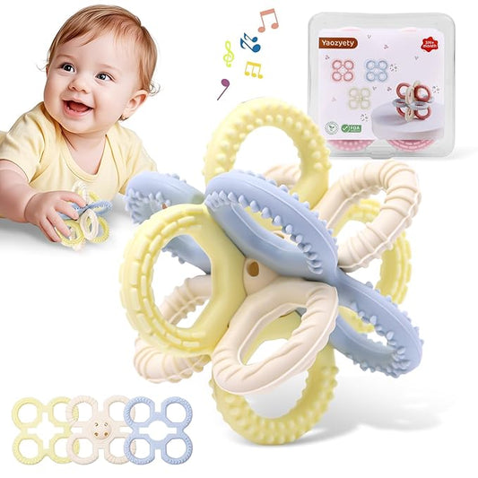 Baby Teething Toys 3 in 1 Silicone Teethers - BPA Free Food Grade Silicone Teething Ring Rattle Toys for Babies 3-6 Months 6-12 Months, Soft & Easy Hold, Baby Chew Toy for Toddlers (Yellow)
