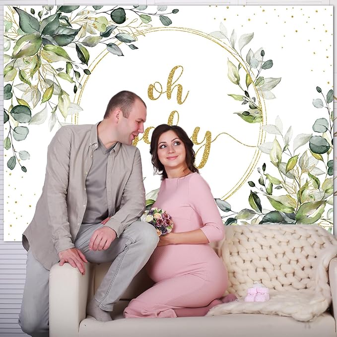 Mocsicka Greenery Baby Shower Backdrop Gold Oh Baby Background Green Eucalyptus Baby Shower Party Cake Table Decoration Banner Photo Booth Props (10x7ft)