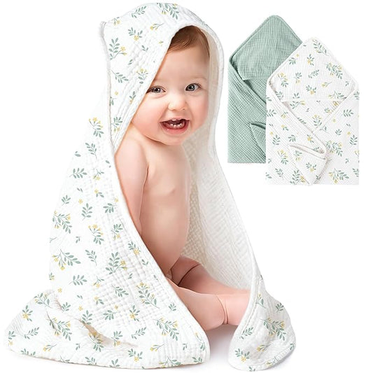 Konssy 2-Pack Muslin Hooded Baby Towels, 100% Cotton, Ultra-Soft & Absorbent Baby Bath Towels with Hood for Newborn & Infant (Green, Leafy,30" x 30")