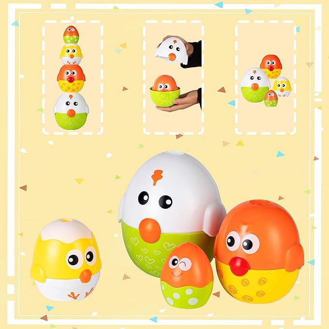 4 PCS Nesting Stacking Easter Eggs for Kids and Toddler, Easter Egg Balance Toys for Easter Party Favors Gifts, Goodie Bag Stuffers, Color Shape Matching Learning Sensory Toys for Baby Boys and Girls