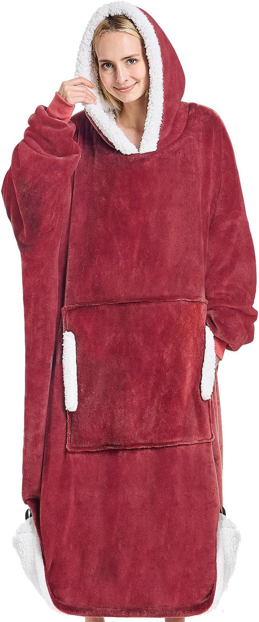 yescool Wearable Blanket Hoodie - birthday gifts for Adults/Women/mom, Flannel Cozy Sherpa Fleece Blanket Sweatshirt with Hood, Pocket & Sleeves, Large, One Size Fits All (Red)