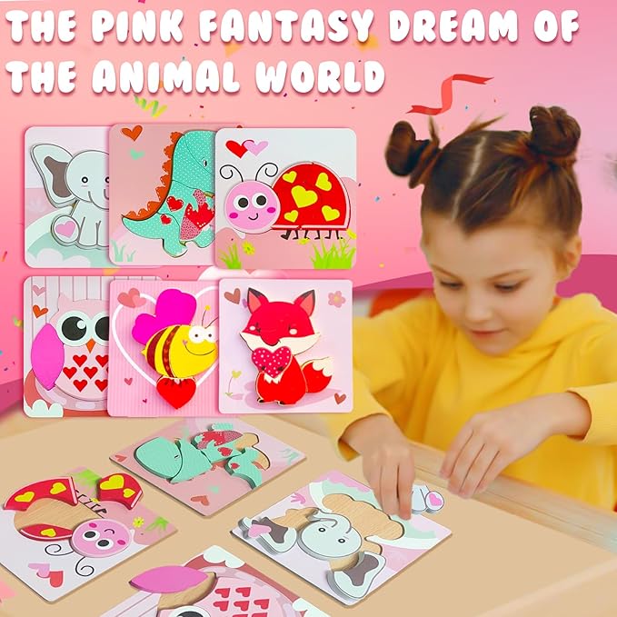 Valentine's Day Toys 6 Pack Wooden Puzzles for Toddlers Valentine's Day Gift for Toddler Toys for 1 2 3 4 Year Old Boys Girls Gifts My First Valentine's Day Toys