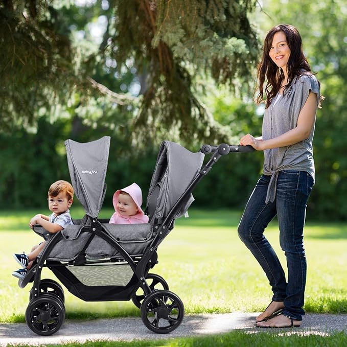 BABY JOY Double Stroller, Foldable Lightweight Twin Stroller with Tandem Seating, Adjustable Backrest/Canopy/Footrest, 5-Point Harness, Storage Basket, Newborn and Toddler (Gray)