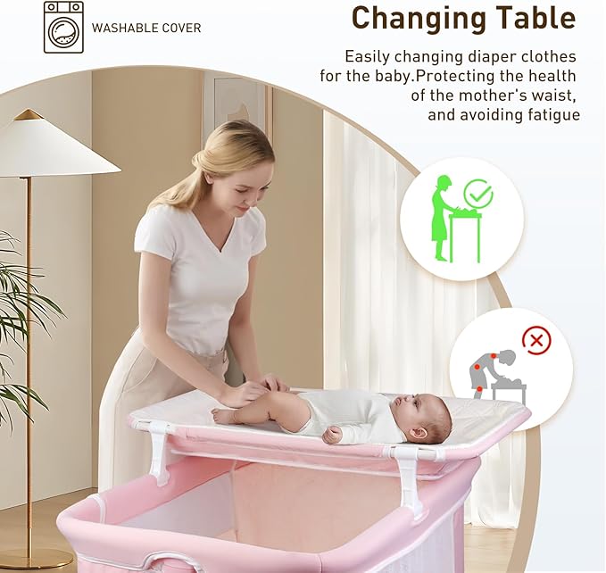 4 in 1 Bedside Bassinet for Baby, Portable Baby Bassinet with Wheels, Baby Crib with Changing Station, Mattress Included and Storage, Foldable Travel Bassinet for Baby/Infant/Newborn-Pink