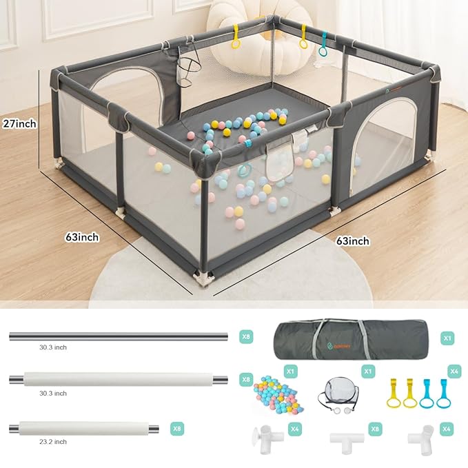 COMOMY Playpens for Babies and Toddlers, 63"x63" Baby Playard Extra Large, Safe and Non-Slip Baby Fence, Full Mesh Design, Indoor & Outdoor Kids Activity Center, Baby Play Pens (Dark Grey)