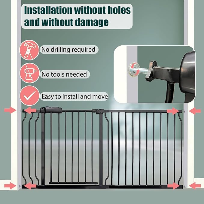 Heavy Duty Baby & Dog Safety Gate, Extra Wide 85.8-90.5 Inch,Black Metal, Pressure Mounted No Drilling Pet Gate for Large Openings