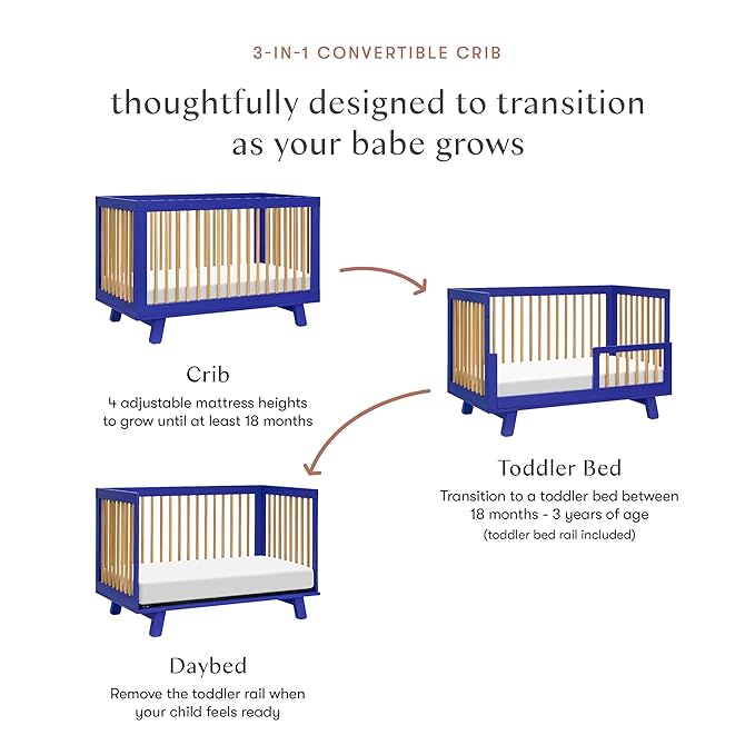 Babyletto Hudson 3-in-1 Convertible Baby Crib with Toddler Bed & Daybed Conversion - Strong, Durable & Easy to Assemble - GREENGUARD Gold Certified w/ 4 Adjustable Mattress Heights - Cobalt and Honey