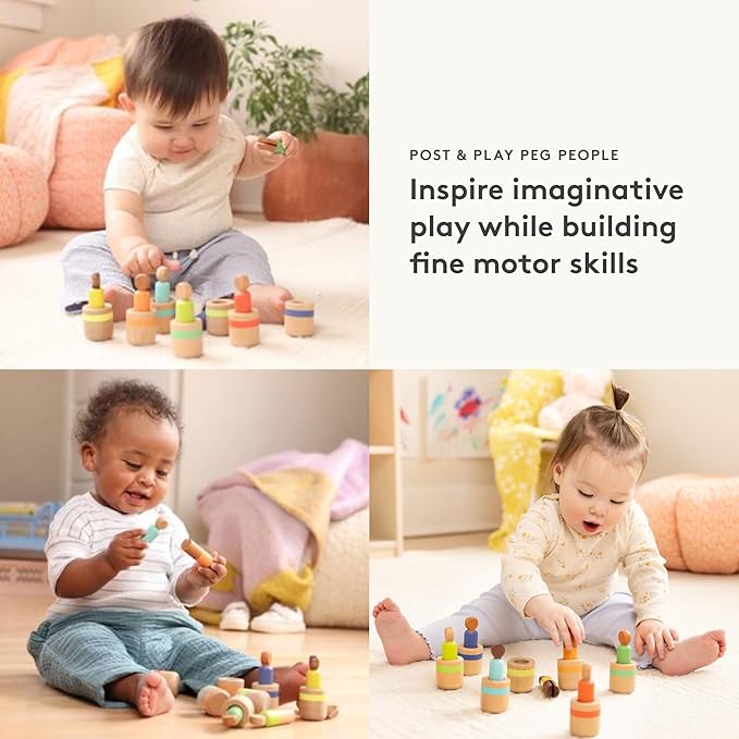 Lovevery Post & Play Peg People Baby Toy, 7 Wooden Peg Doll Practice Color Matching, Stacking, and Balancing, Ages 13 Months +