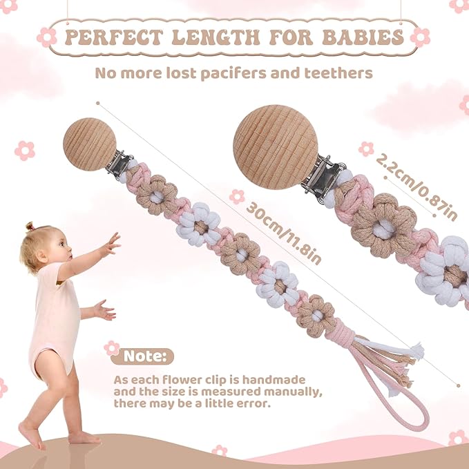 Pacifier Clip for Boys Girls Floral Daisy Macrame Baby Paci Clip Pacifier Holder Leash Boho Wooden Clips Handmade Braided Cotton Binky Clips (1pack:Khaki Style B)
