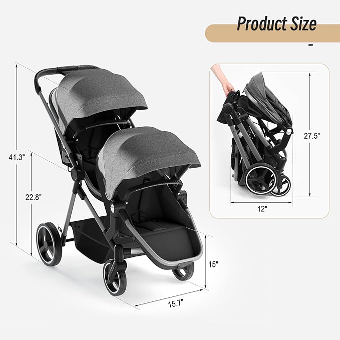 Double Stroller for Twins and Toddlers, Lightweight Aluminum Foldable Twin Stroller with Adjustable Backrest, Reversible Seat, 5-Point Harness, Storage Basket, Grey