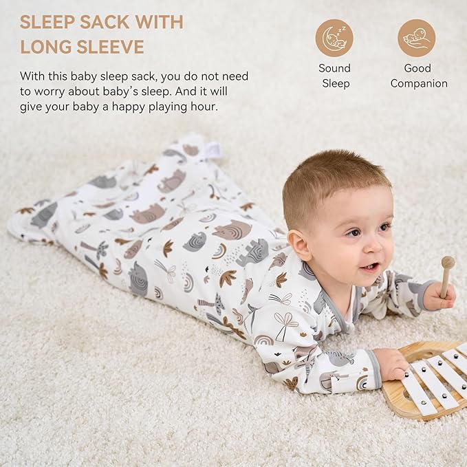 Baby Sleep Sack 6-12 Months, Long Sleeve Baby Wearable Blanket 0.5 Tog with Mittens, 2-Way Zipper Infant Cotton Sleeping Sack for Boy and Girl Grey Elephant 2 Pack (Medium)