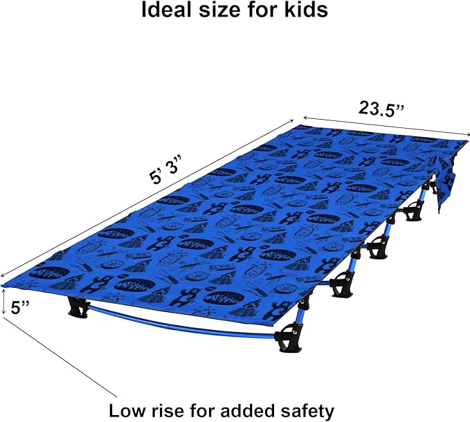 Kids Camping Cot and Toddler Travel Bed | Lightweight and Compact Cots for Sleeping | Portable Folding Cot for Toddler, Kids, Youth and Even Adults (Blue, 63" x 23.5")