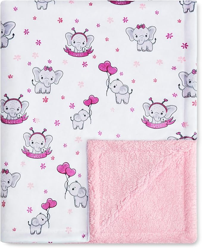 QSTEHEML Baby Blankets for Girls,Super Soft Double Layer Sherpa Blanket Neutral,Baby Gifts Plush Mink Blanket with Furry Binding and Back,Newborn Blankets for Crib(Elephant,30 * 40inch)