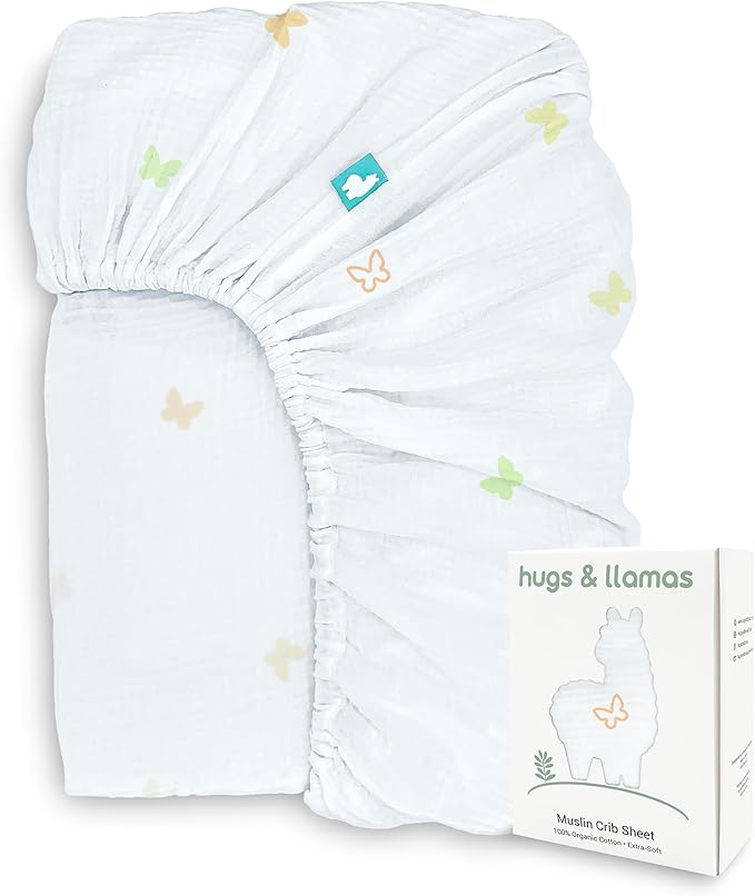 hugs & llamas | 100% Organic Cotton Muslin Fitted Crib Sheet | Premium Baby Crib Sheets for Boys & Girls Crib Fitted Sheet | Organic Crib Sheets Girl & Boy Crib Sheets Neutral | Crib Mattress Sheet
