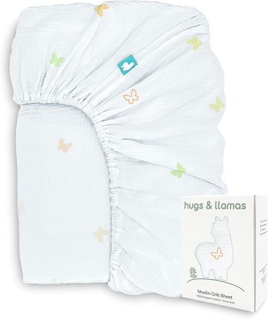 hugs & llamas | 100% Organic Cotton Muslin Fitted Crib Sheet | Premium Baby Crib Sheets for Boys & Girls Crib Fitted Sheet | Organic Crib Sheets Girl & Boy Crib Sheets Neutral | Crib Mattress Sheet