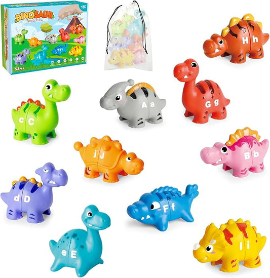 52PCS Dinosaur Alphabet Learning Toys for Toddlers 3-5, 10 Different Dinosaur Figures, Montessori Educational Toys Gifts for Boy Girl, Preschool Learning Activities, Double Sided ABC Matching Game