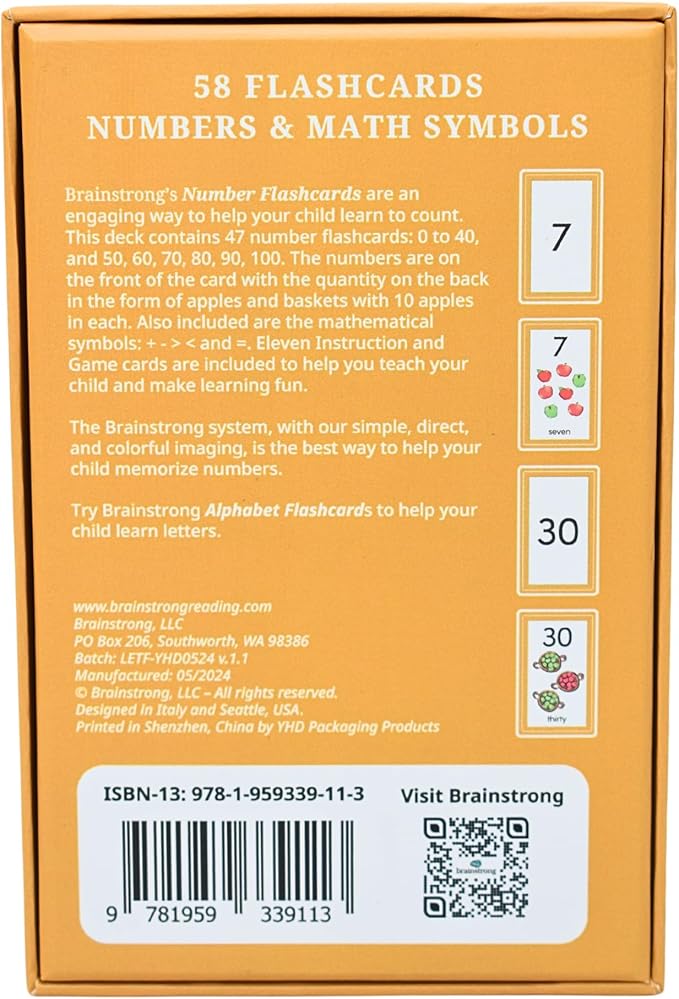 Preschool Number Flashcards | 50 Numbers & Math Symbols | PreK & Kindergarten Counting | Brainstrong Premium 54 Flash Cards