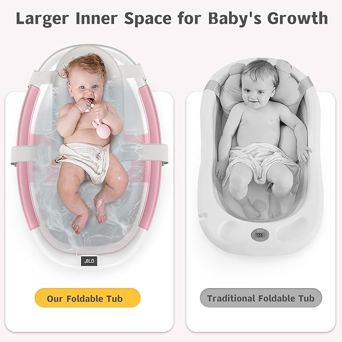 Collapsible Baby Bathtub for Newborn to Toddler 0-36 Months,Extra Large Foldable Infant Bath Tub with Thermometer,Cushion & Drain Hole,Portable Travel Tub, Baby Shower Gift Pink