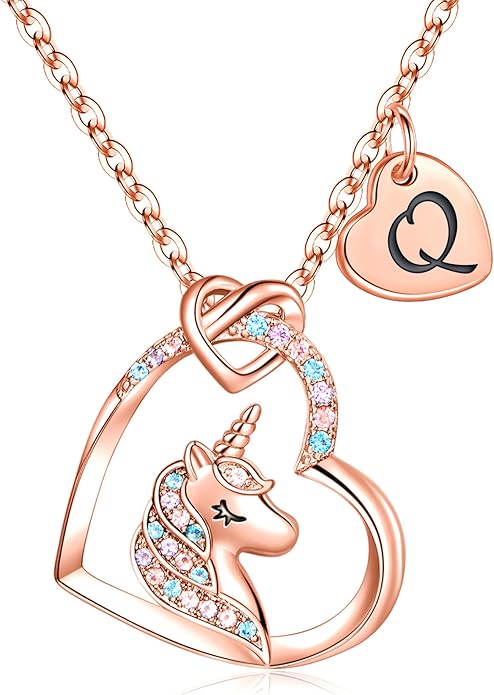 Hidepoo Unicorn Necklace Gifts for Girls Daughter - Colorful CZ Heart Pendant Initial Unicorn Necklaces for Girl Teens Little Girls Jewelry Birthday Gift