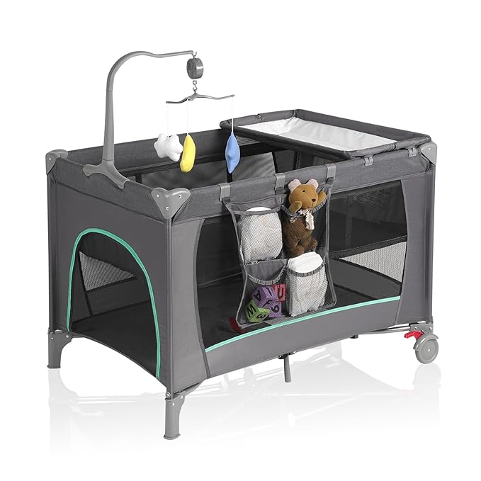 Pack and Play with Changing Table & Carry Bag, 4-in-1 Portable Crib Playpen for Newborn to Toddler, ASTM Certified Foldable Travel Crib with Bassinet(C-Cartoon)