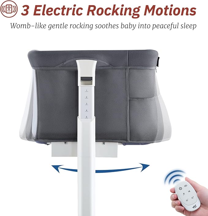 Rocking Bassinet for Baby Automatic Bedside Crib Electric Cradle 5 Heights Adjustable Bedside Sleeper for Babies Infant Smart Auto Rocking Crib 3 in 1 Bassinet on Wheels, Dark Grey