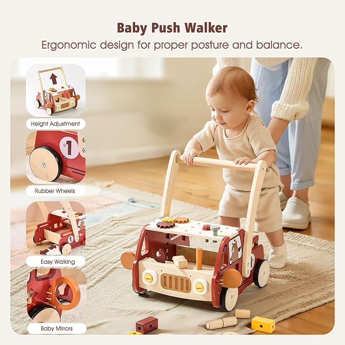 IEATFO 3-in-1 Wooden Baby Walker Adjustable Height with Tool Bench and Toy Storage Wagon - Multifunctional Toddler Push Walker Ergonomically Designed for Natural Walking - 3+ Years of Continuous Use