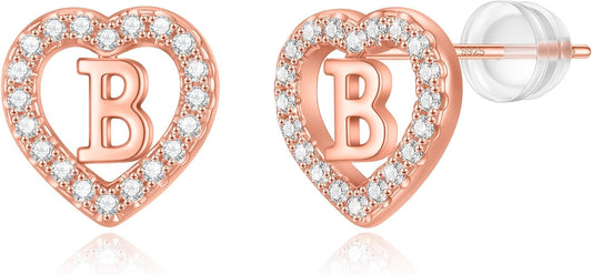Initial Heart Earrings for Girls, Sterling Silver Post Silver/Rose Gold Heart Initial Stud Earrings for Little Girls Kids Baby Earrings Non Tarnish Hypoallergenic Earrings for Teen Girls Gifts Jewelry