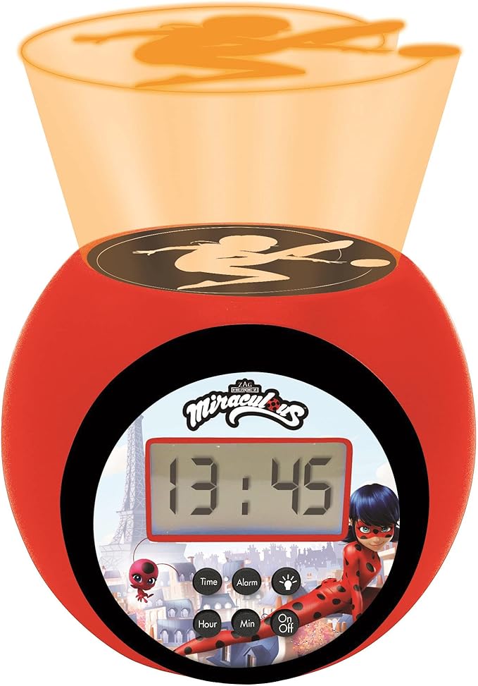 LEXiBOOK - Miraculous Projector Alarm Clock with Snooze Function and Alarm Function, Night Light with Timer, LCD Screen, Battery Operated, Red/Black, RL977MI