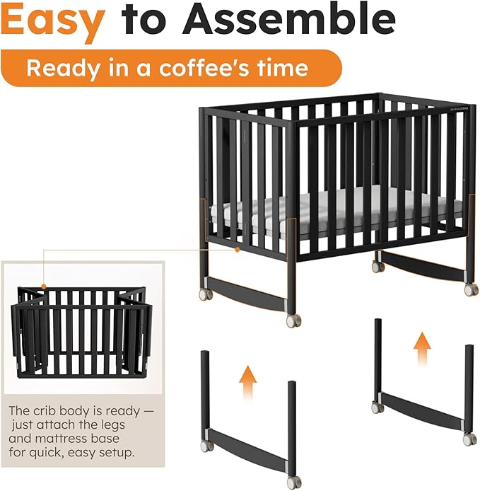 EvoNook 6-in-1 Convertible Mini Crib, 100% New Zealand Solid Wood, 4 Adjustable Mattress Heights, Black with Matttress