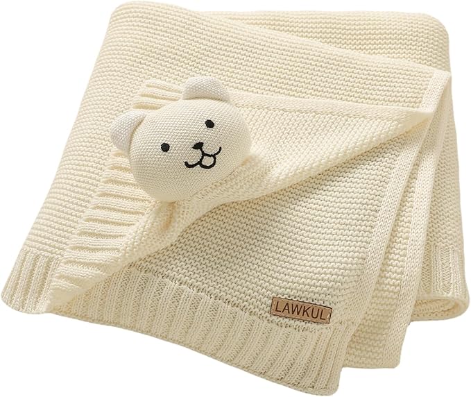 LAWKUL Baby Blanket Bear Lovey Soft Plush Security Blanket for Newborns Infants Boy Girl Knit Snuggle Comfort White 40x30in