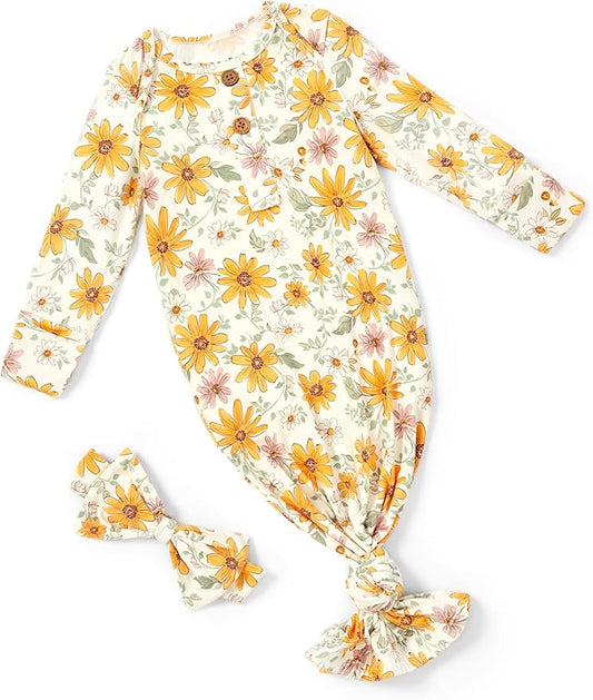 PATPAT Baby Sleeper Gown with Bamboo Viscose for Newborn Girls Boys, Knotted Nightgown with Mittens for Infant Home Coming