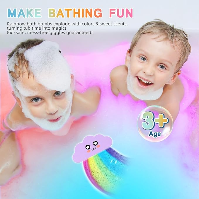 Rainbow Bath Bombs for Kids Gift Set - Colorful Dissolving Bath Toys with Surprise Colors, Safe & Non-Toxic DIY Bath Time STEM Learning Activity, Boys Girls Ages 3-12