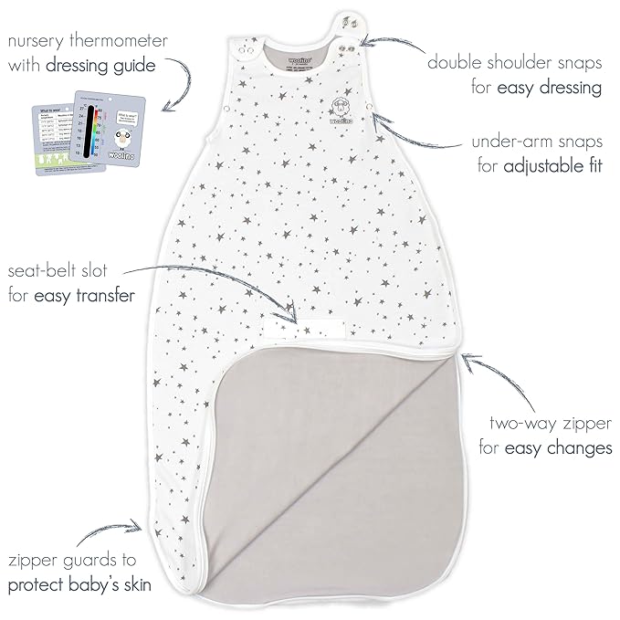 Woolino 4 Season Baby Sleep Sack - Ultimate Baby Sleeping Bag - Merino Wool and Organic Cotton Two-Way Zipper Adjustable Universal Size Sleep Sack (2-24 Months) - Hot Air Balloon